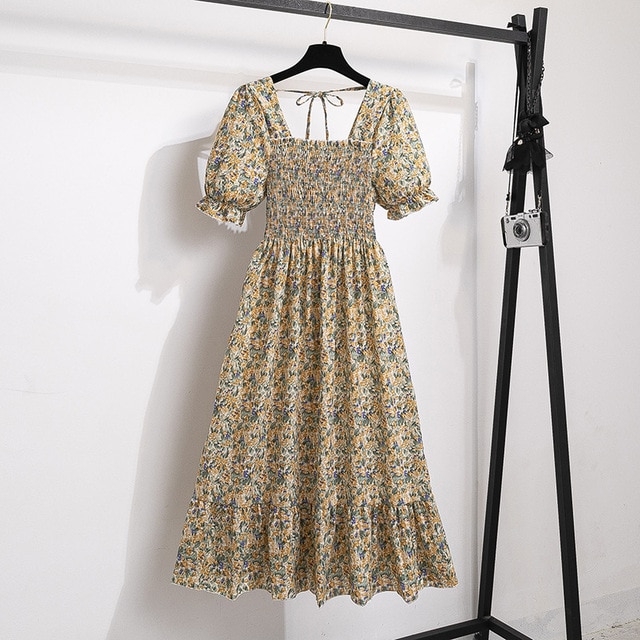 2023 Summer Women Print Dresses Short Sleeve Pleated Casual Beach Square Collar Elastic Waist Bohemian Woman Midi Dress Vestidos