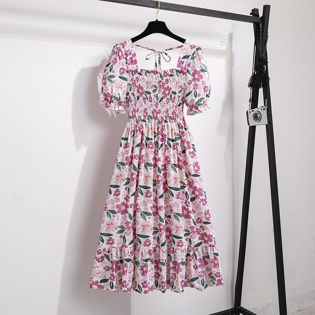 2023 Summer Women Print Dresses Short Sleeve Pleated Casual Beach Square Collar Elastic Waist Bohemian Woman Midi Dress Vestidos