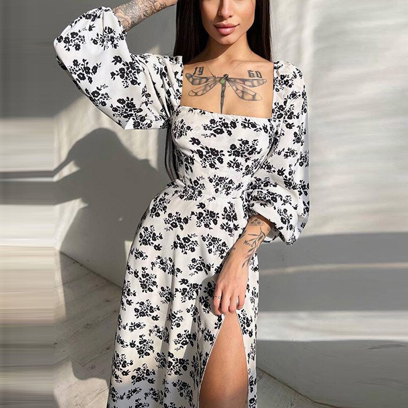 Elegant Women's Sexy Dresses Full Sleeve Open Back 2023 Summer Floral Lace Up Hollow Out Split Dress Female Robe S-XXXL