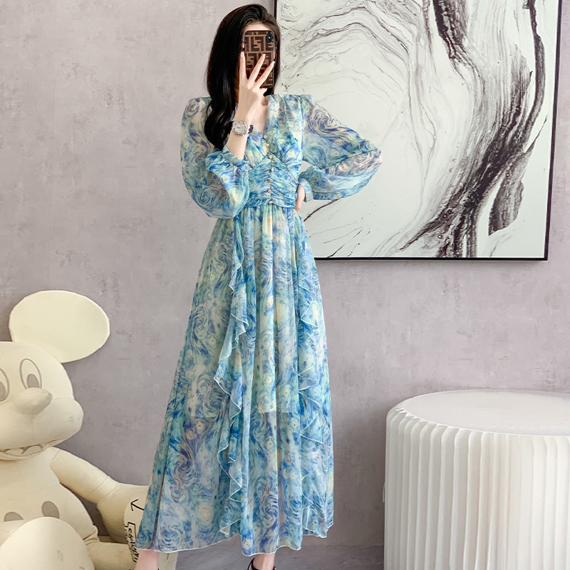 Elegant Party Long Dresses for Women Vintage Painting Artistic Van Gogh Print Ruffles Chiffon High Waist A Line Casual Robes