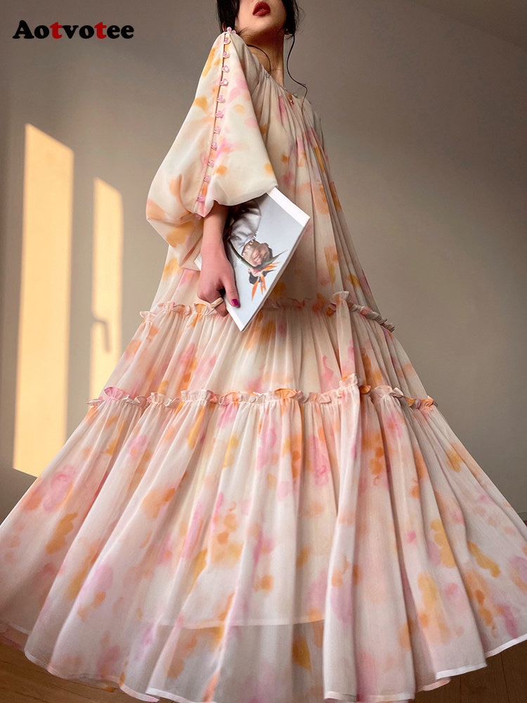 Long Dresses for Women 2023 New Fashion Spring Summer Print Sweet O Neck French Style Elegant Dress Lantern Sleeve Midi Dress
