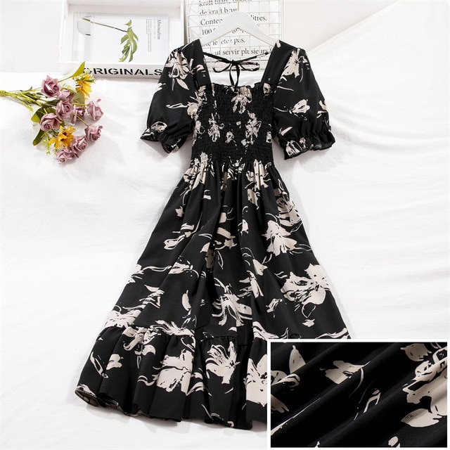 2023 Summer Women Print Dresses Short Sleeve Pleated Casual Beach Square Collar Elastic Waist Bohemian Woman Midi Dress Vestidos