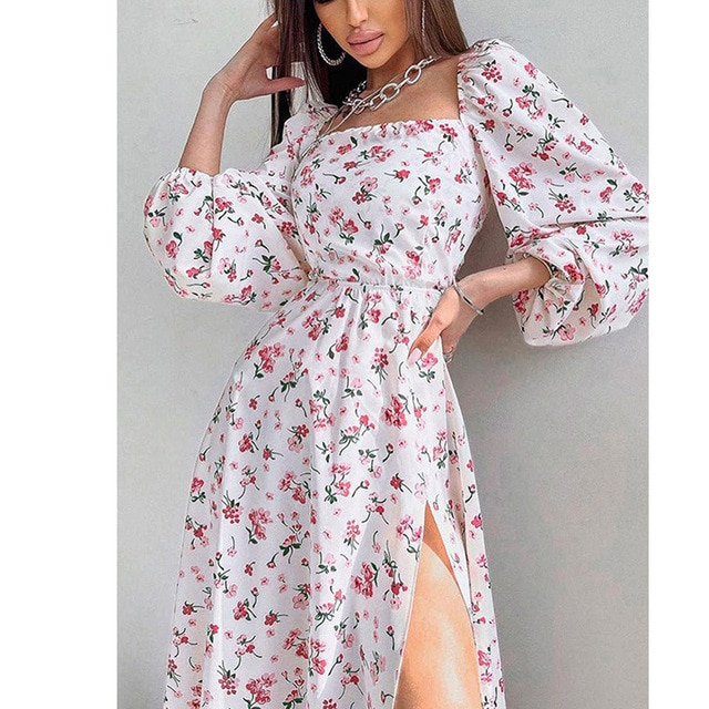 Elegant Women's Sexy Dresses Full Sleeve Open Back 2023 Summer Floral Lace Up Hollow Out Split Dress Female Robe S-XXXL
