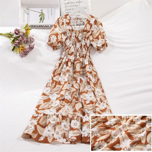 2023 Summer Women Print Dresses Short Sleeve Pleated Casual Beach Square Collar Elastic Waist Bohemian Woman Midi Dress Vestidos