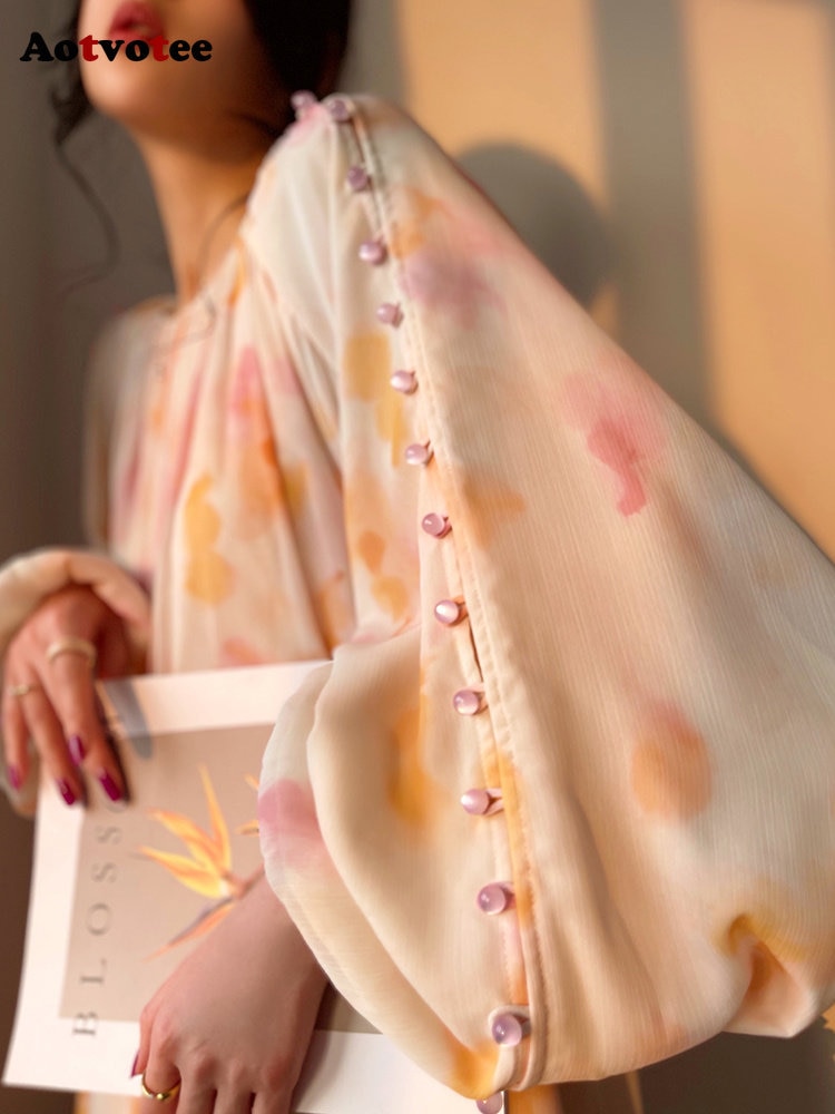 Long Dresses for Women 2023 New Fashion Spring Summer Print Sweet O Neck French Style Elegant Dress Lantern Sleeve Midi Dress