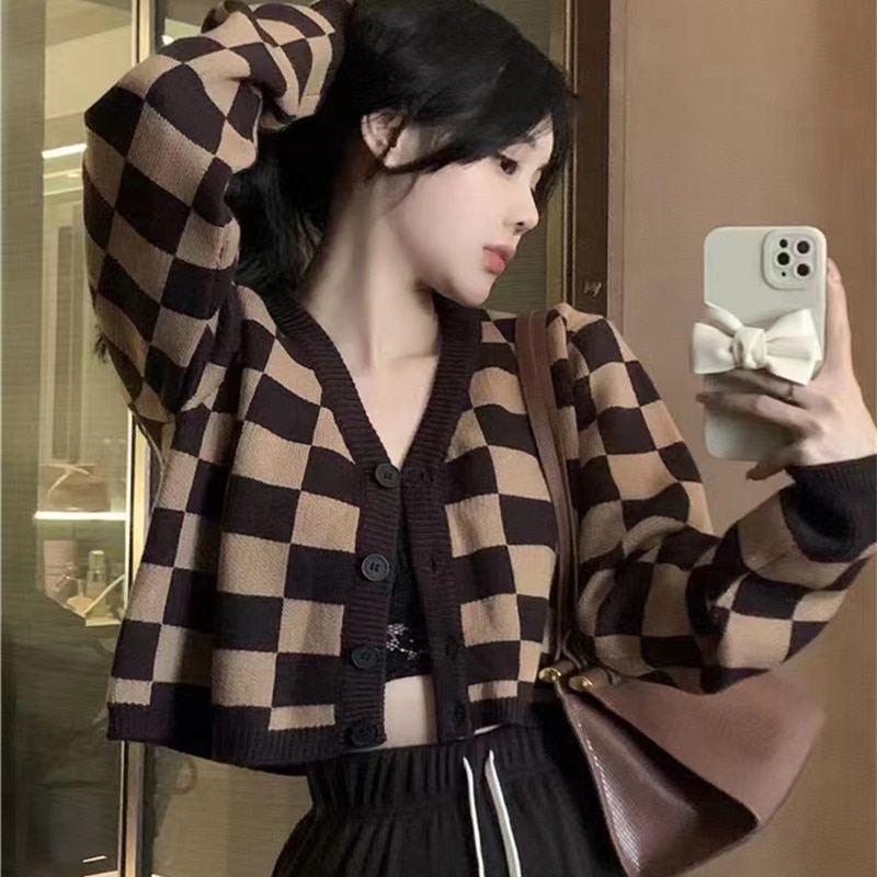 Autumn Winter Women Classic Checkerboard Knit Cropped Cardigan Sweater Femme Korean Fashion Vintage Pull Knitwears Tops Clothing