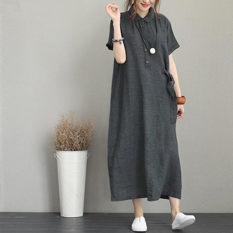 Women Cotton Linen Pocket Dress Korean O-Neck Short Sleeve Loose Solid Midi Dresses AQJ-01