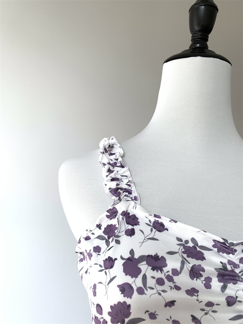 Sexy Spaghetti Straps Summer Mini Dress Women Ruffle Purple Floral Print Beach Sundress Party Wedding Vacation Vestidos платье