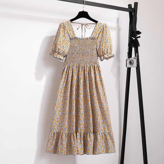 2023 Summer Women Print Dresses Short Sleeve Pleated Casual Beach Square Collar Elastic Waist Bohemian Woman Midi Dress Vestidos