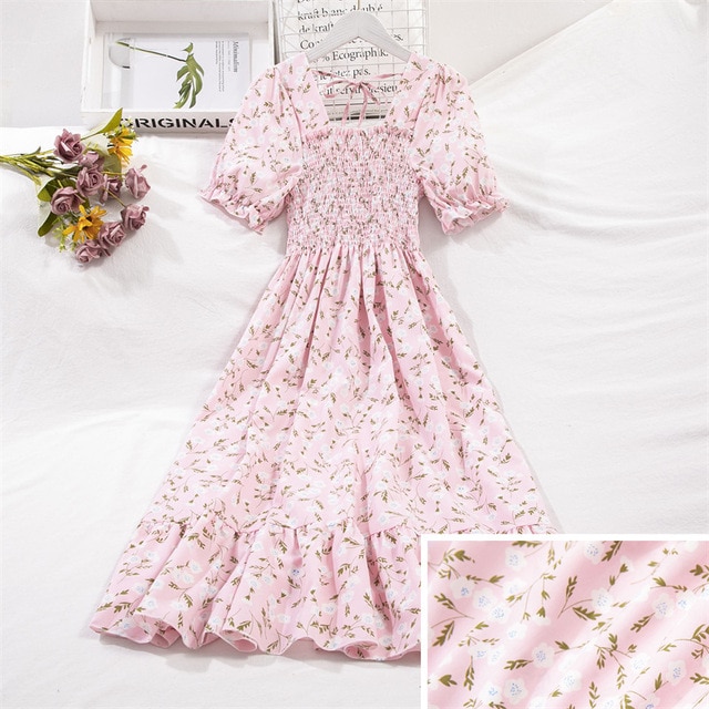 2023 Summer Women Print Dresses Short Sleeve Pleated Casual Beach Square Collar Elastic Waist Bohemian Woman Midi Dress Vestidos