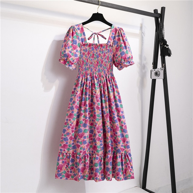 2023 Summer Women Print Dresses Short Sleeve Pleated Casual Beach Square Collar Elastic Waist Bohemian Woman Midi Dress Vestidos