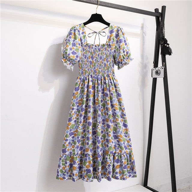 2023 Summer Women Print Dresses Short Sleeve Pleated Casual Beach Square Collar Elastic Waist Bohemian Woman Midi Dress Vestidos