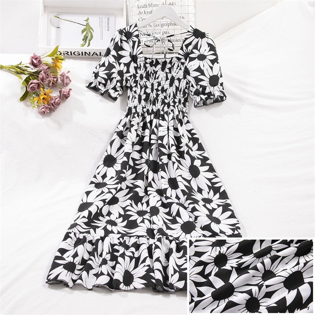2023 Summer Women Print Dresses Short Sleeve Pleated Casual Beach Square Collar Elastic Waist Bohemian Woman Midi Dress Vestidos