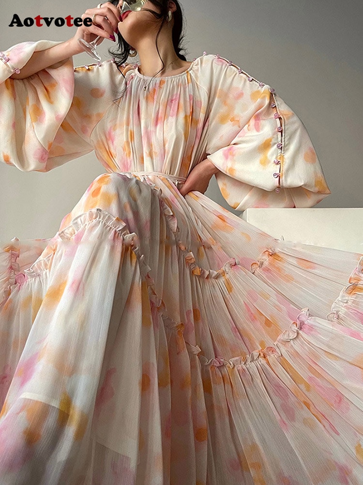 Long Dresses for Women 2023 New Fashion Spring Summer Print Sweet O Neck French Style Elegant Dress Lantern Sleeve Midi Dress
