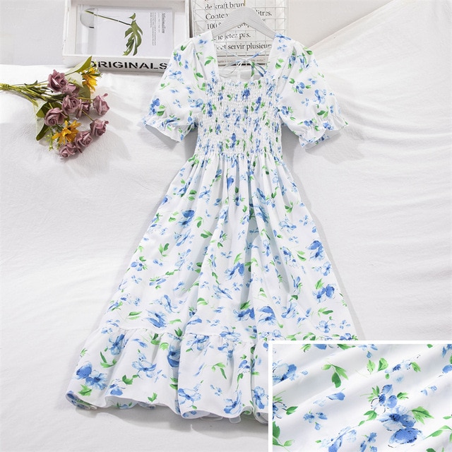 2023 Summer Women Print Dresses Short Sleeve Pleated Casual Beach Square Collar Elastic Waist Bohemian Woman Midi Dress Vestidos