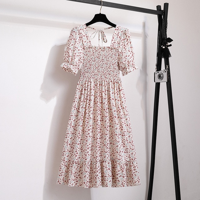 2023 Summer Women Print Dresses Short Sleeve Pleated Casual Beach Square Collar Elastic Waist Bohemian Woman Midi Dress Vestidos