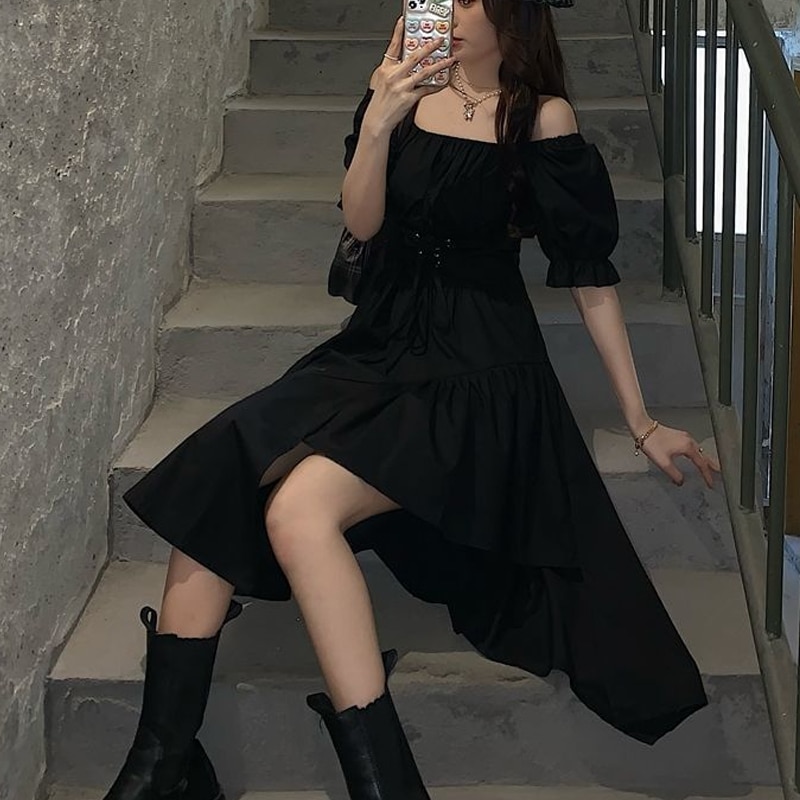 2023 New Arrivals Short Sleeve Fashion Dress Women Y2k Fairy Party Dresses Summer Midi Dress White Black Clothing Vestidos 19482