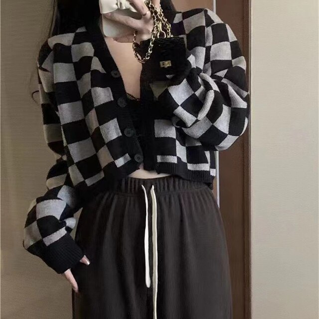 Autumn Winter Women Classic Checkerboard Knit Cropped Cardigan Sweater Femme Korean Fashion Vintage Pull Knitwears Tops Clothing