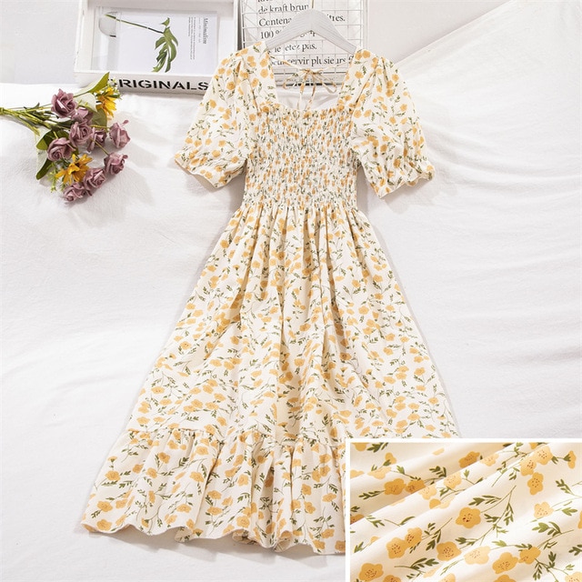 2023 Summer Women Print Dresses Short Sleeve Pleated Casual Beach Square Collar Elastic Waist Bohemian Woman Midi Dress Vestidos