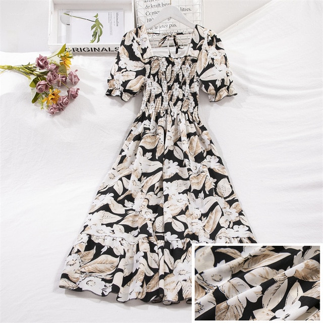2023 Summer Women Print Dresses Short Sleeve Pleated Casual Beach Square Collar Elastic Waist Bohemian Woman Midi Dress Vestidos
