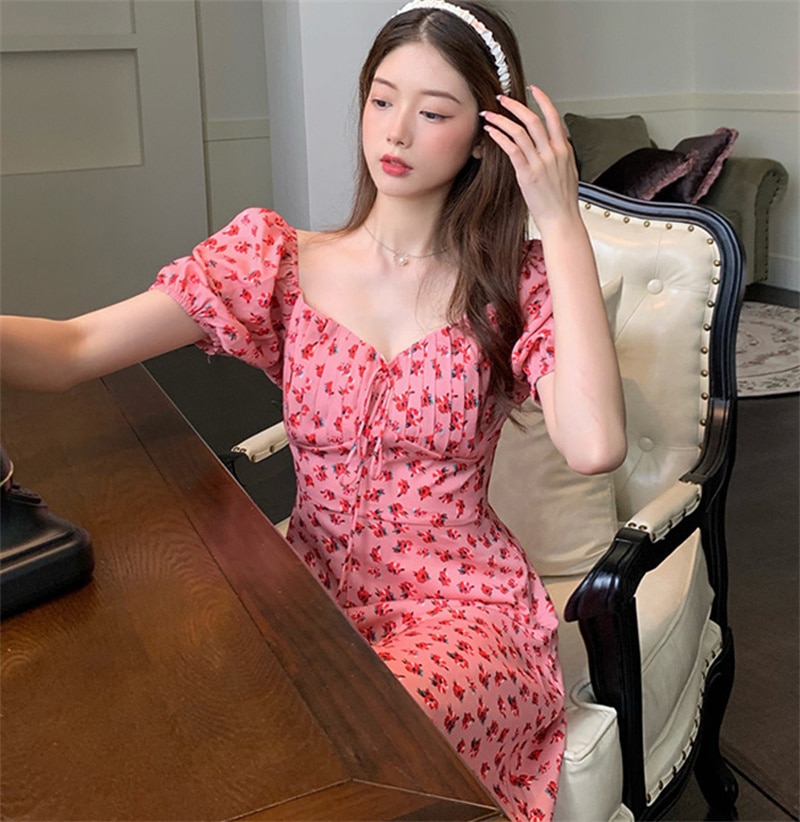 Korean Midi Summer Dress QMilch Elegant Yellow Floral Print Dresses for Women 2023 Casual Vestidos para mujer