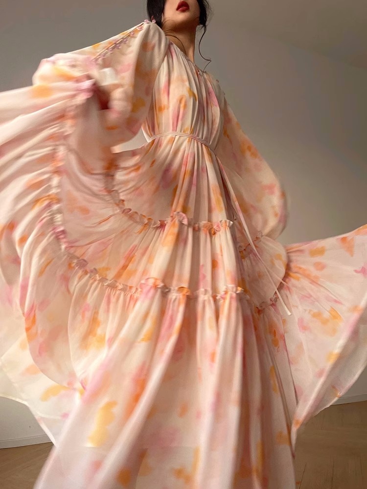 Long Dresses for Women 2023 New Fashion Spring Summer Print Sweet O Neck French Style Elegant Dress Lantern Sleeve Midi Dress