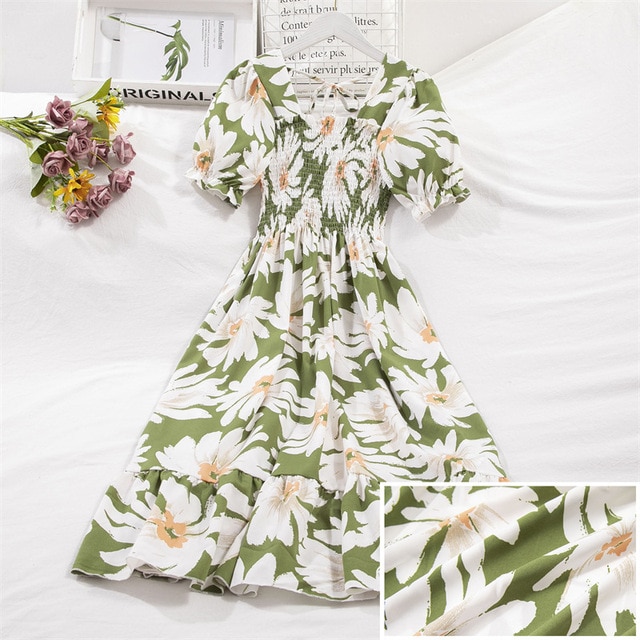 2023 Summer Women Print Dresses Short Sleeve Pleated Casual Beach Square Collar Elastic Waist Bohemian Woman Midi Dress Vestidos