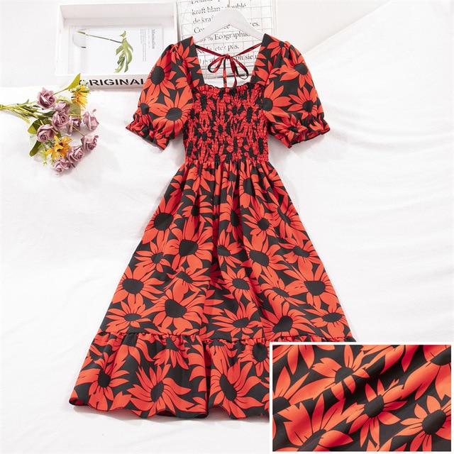 2023 Summer Women Print Dresses Short Sleeve Pleated Casual Beach Square Collar Elastic Waist Bohemian Woman Midi Dress Vestidos