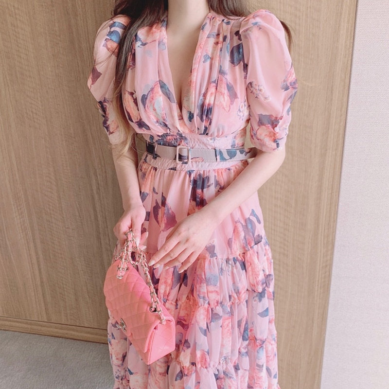 Chic Pink Flora Printed Elegant Dress Women 2023 Summer with Belt Dresses Ladies Clothing Vintage Business Elegant Vestido