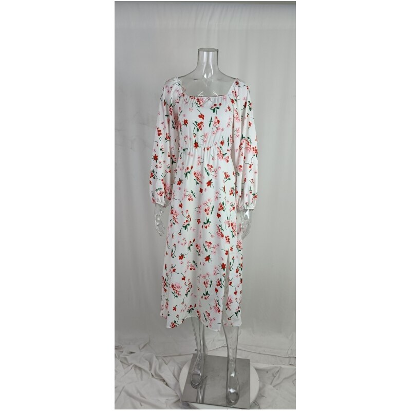 Elegant Women's Sexy Dresses Full Sleeve Open Back 2023 Summer Floral Lace Up Hollow Out Split Dress Female Robe S-XXXL