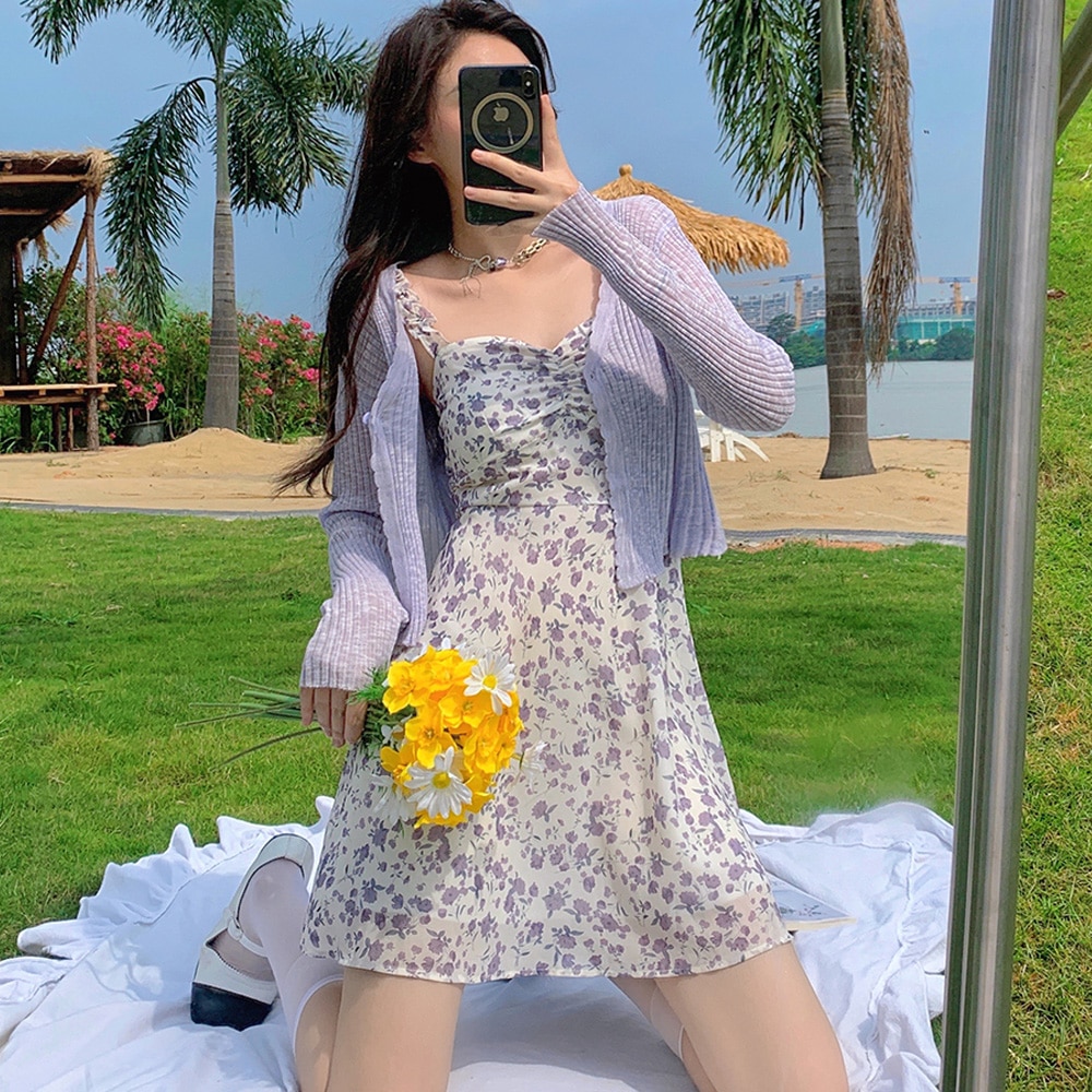 Sexy Spaghetti Straps Summer Mini Dress Women Ruffle Purple Floral Print Beach Sundress Party Wedding Vacation Vestidos платье