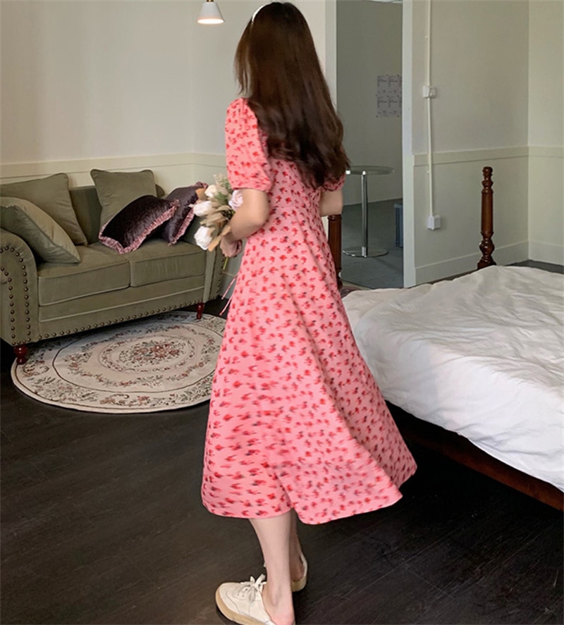 Korean Midi Summer Dress QMilch Elegant Yellow Floral Print Dresses for Women 2023 Casual Vestidos para mujer