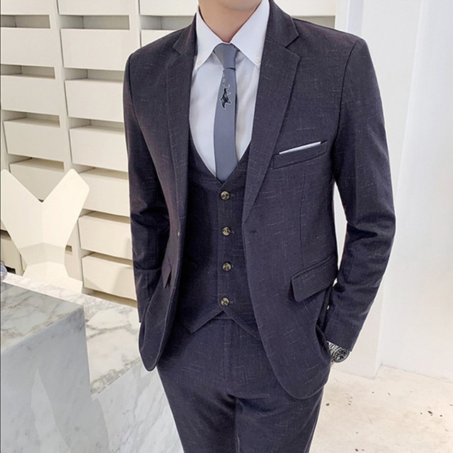 Men's Suit Jacket Vest Pants Fashion Boutique Plaid Casual Business Male Groom Wedding Tuxedo Dress 3 Pieces Set Blazers Coat