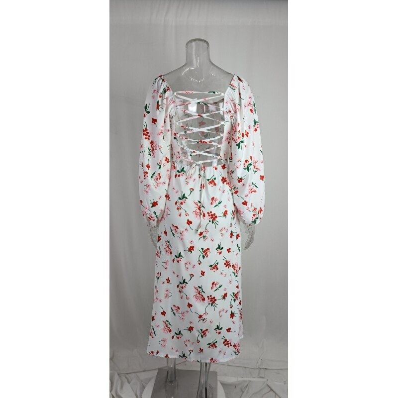Elegant Women's Sexy Dresses Full Sleeve Open Back 2023 Summer Floral Lace Up Hollow Out Split Dress Female Robe S-XXXL