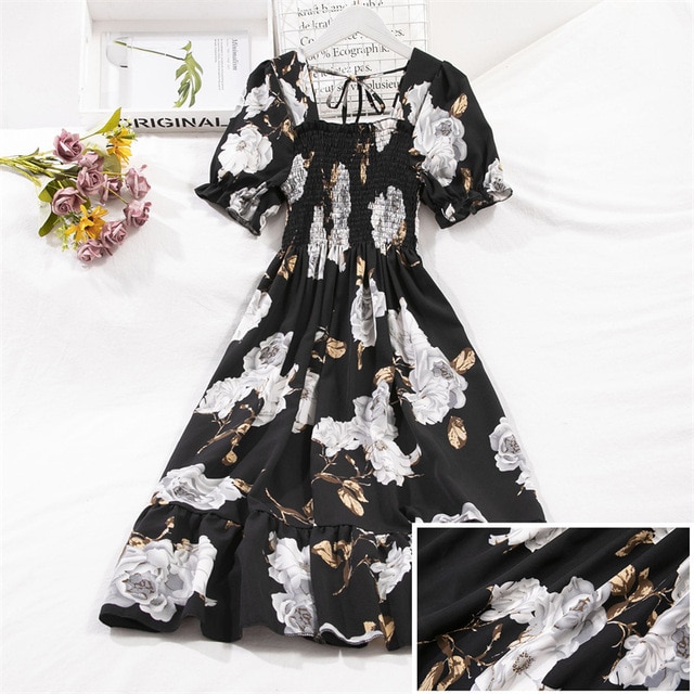 2023 Summer Women Print Dresses Short Sleeve Pleated Casual Beach Square Collar Elastic Waist Bohemian Woman Midi Dress Vestidos