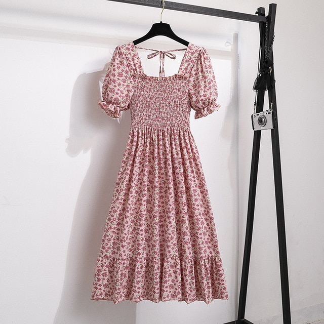 2023 Summer Women Print Dresses Short Sleeve Pleated Casual Beach Square Collar Elastic Waist Bohemian Woman Midi Dress Vestidos