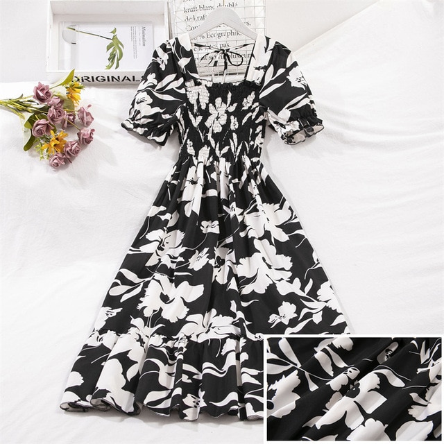 2023 Summer Women Print Dresses Short Sleeve Pleated Casual Beach Square Collar Elastic Waist Bohemian Woman Midi Dress Vestidos