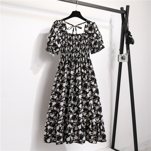 2023 Summer Women Print Dresses Short Sleeve Pleated Casual Beach Square Collar Elastic Waist Bohemian Woman Midi Dress Vestidos