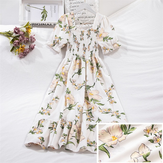 2023 Summer Women Print Dresses Short Sleeve Pleated Casual Beach Square Collar Elastic Waist Bohemian Woman Midi Dress Vestidos