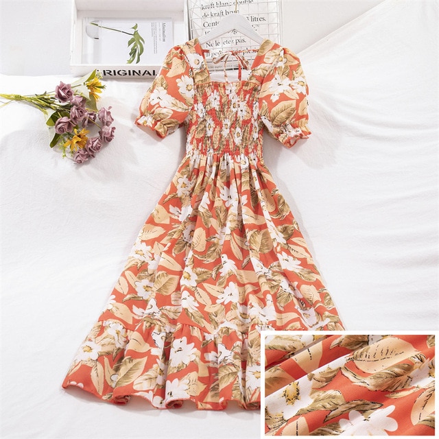 2023 Summer Women Print Dresses Short Sleeve Pleated Casual Beach Square Collar Elastic Waist Bohemian Woman Midi Dress Vestidos