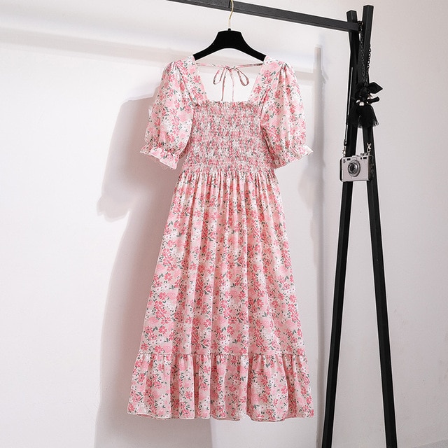 2023 Summer Women Print Dresses Short Sleeve Pleated Casual Beach Square Collar Elastic Waist Bohemian Woman Midi Dress Vestidos