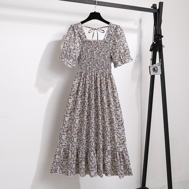 2023 Summer Women Print Dresses Short Sleeve Pleated Casual Beach Square Collar Elastic Waist Bohemian Woman Midi Dress Vestidos