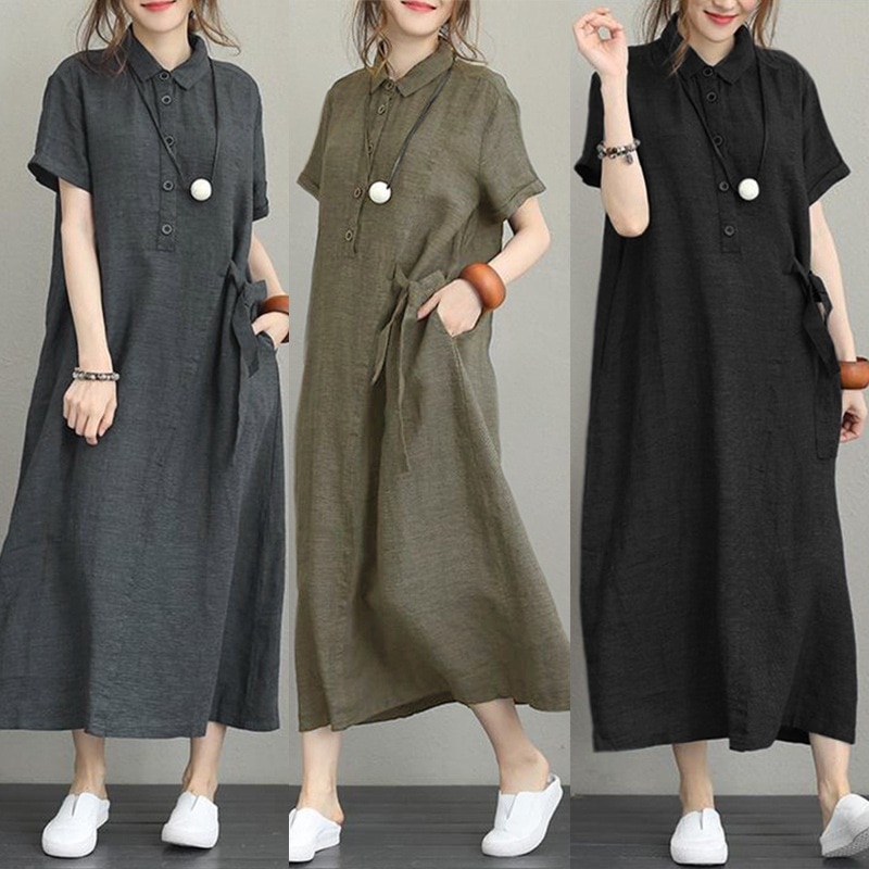 Women Cotton Linen Pocket Dress Korean O-Neck Short Sleeve Loose Solid Midi Dresses AQJ-01