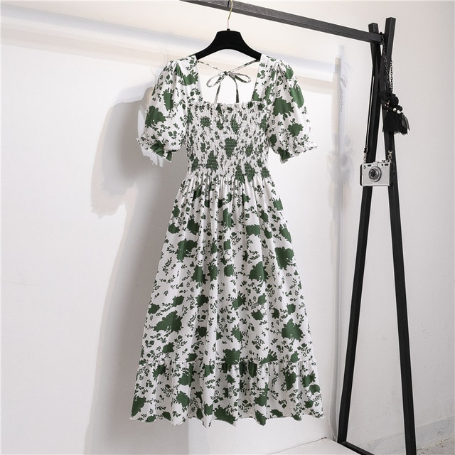 2023 Summer Women Print Dresses Short Sleeve Pleated Casual Beach Square Collar Elastic Waist Bohemian Woman Midi Dress Vestidos