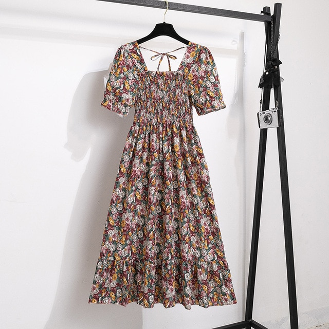 2023 Summer Women Print Dresses Short Sleeve Pleated Casual Beach Square Collar Elastic Waist Bohemian Woman Midi Dress Vestidos