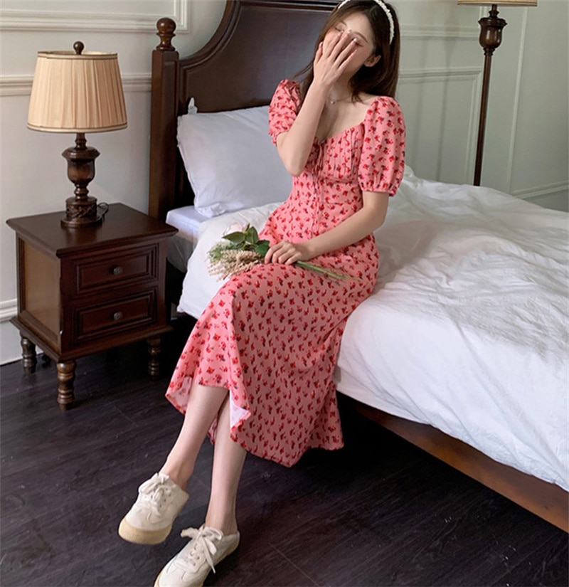 Korean Midi Summer Dress QMilch Elegant Yellow Floral Print Dresses for Women 2023 Casual Vestidos para mujer