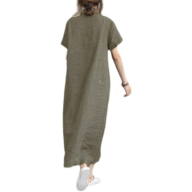 Women Cotton Linen Pocket Dress Korean O-Neck Short Sleeve Loose Solid Midi Dresses AQJ-01