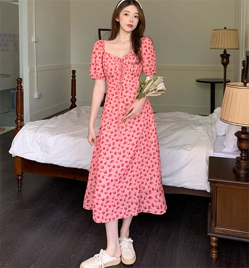 Korean Midi Summer Dress QMilch Elegant Yellow Floral Print Dresses for Women 2023 Casual Vestidos para mujer