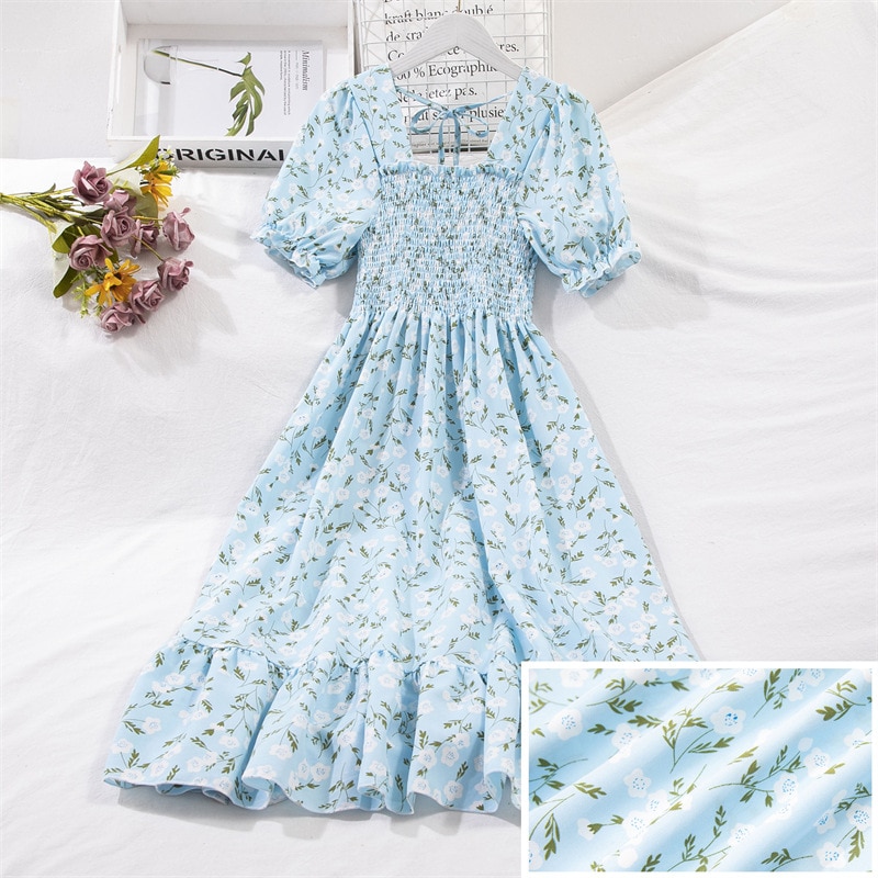 2023 Summer Women Print Dresses Short Sleeve Pleated Casual Beach Square Collar Elastic Waist Bohemian Woman Midi Dress Vestidos