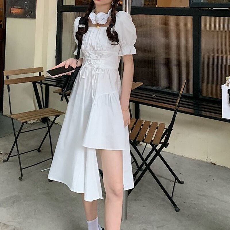 2023 New Arrivals Short Sleeve Fashion Dress Women Y2k Fairy Party Dresses Summer Midi Dress White Black Clothing Vestidos 19482